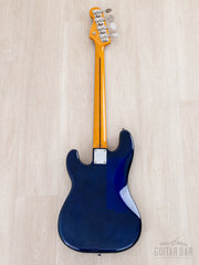 Full back of blue Precision Bass, maple neck