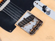 2016 Danocaster Single Cut Blackguard Butterscotch, bridge with brass saddles close-up