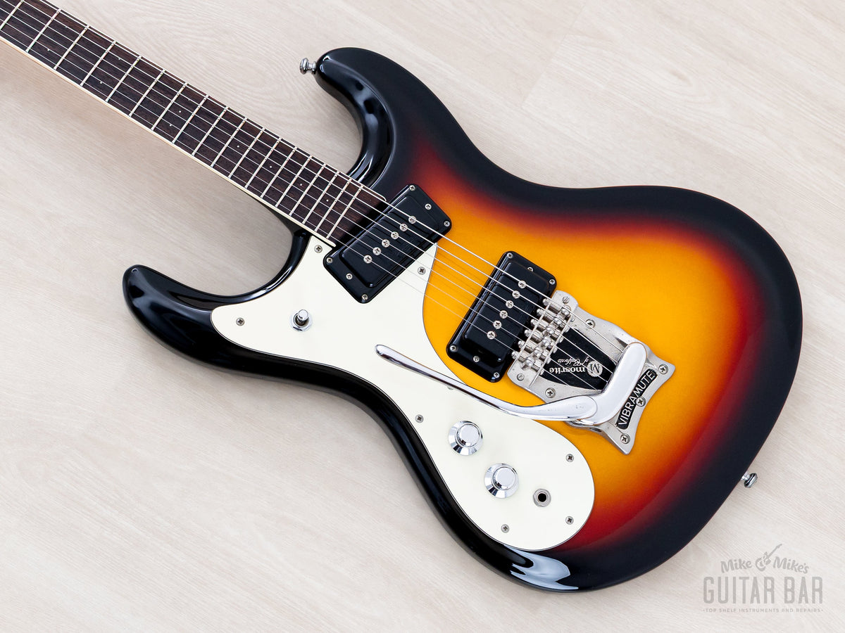 Left-handed Mosrite Ventures Model Super Custom '65 sunburst body, angled view