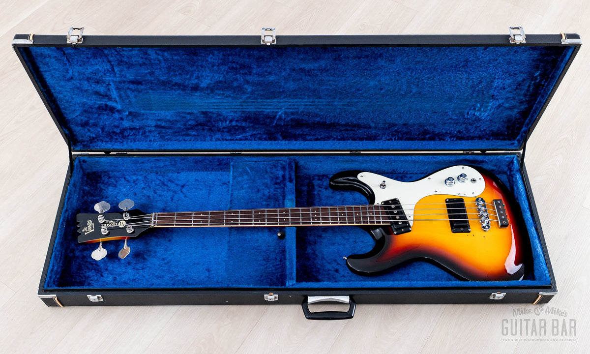 Mosrite Ventures Bass in its open hardshell case