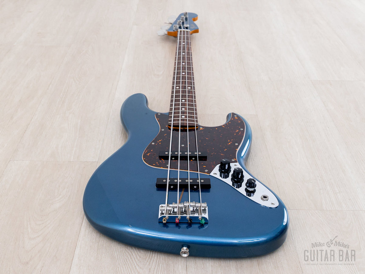 2005 Fender '62 Jazz Bass JB62 Lake Placid Blue, front view from the strap-button end