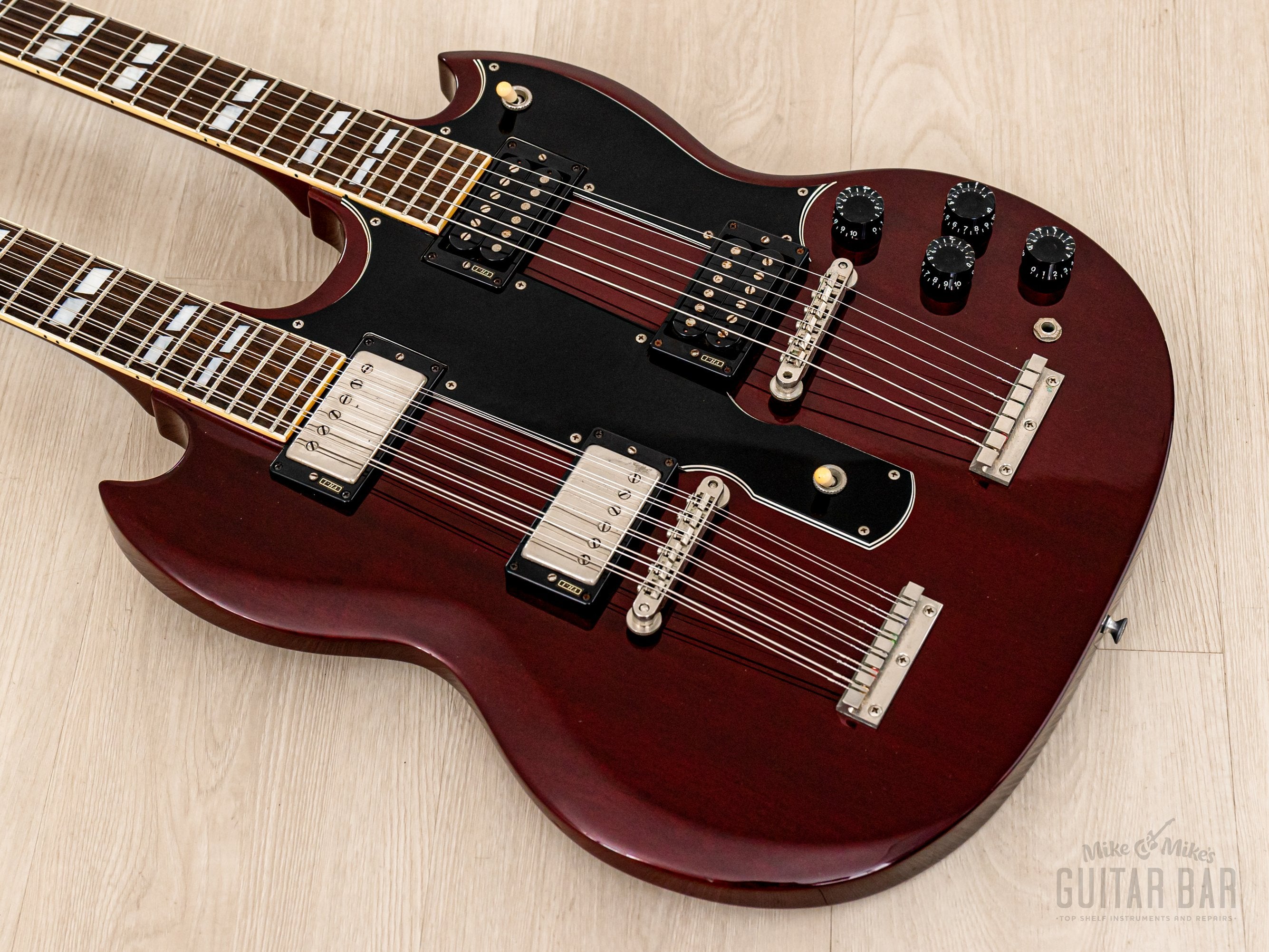 1990s Burny RSG-140 Vintage Double Neck SG, 6 & 12 String Guitar Cherry w/ Case & Tags, Japan