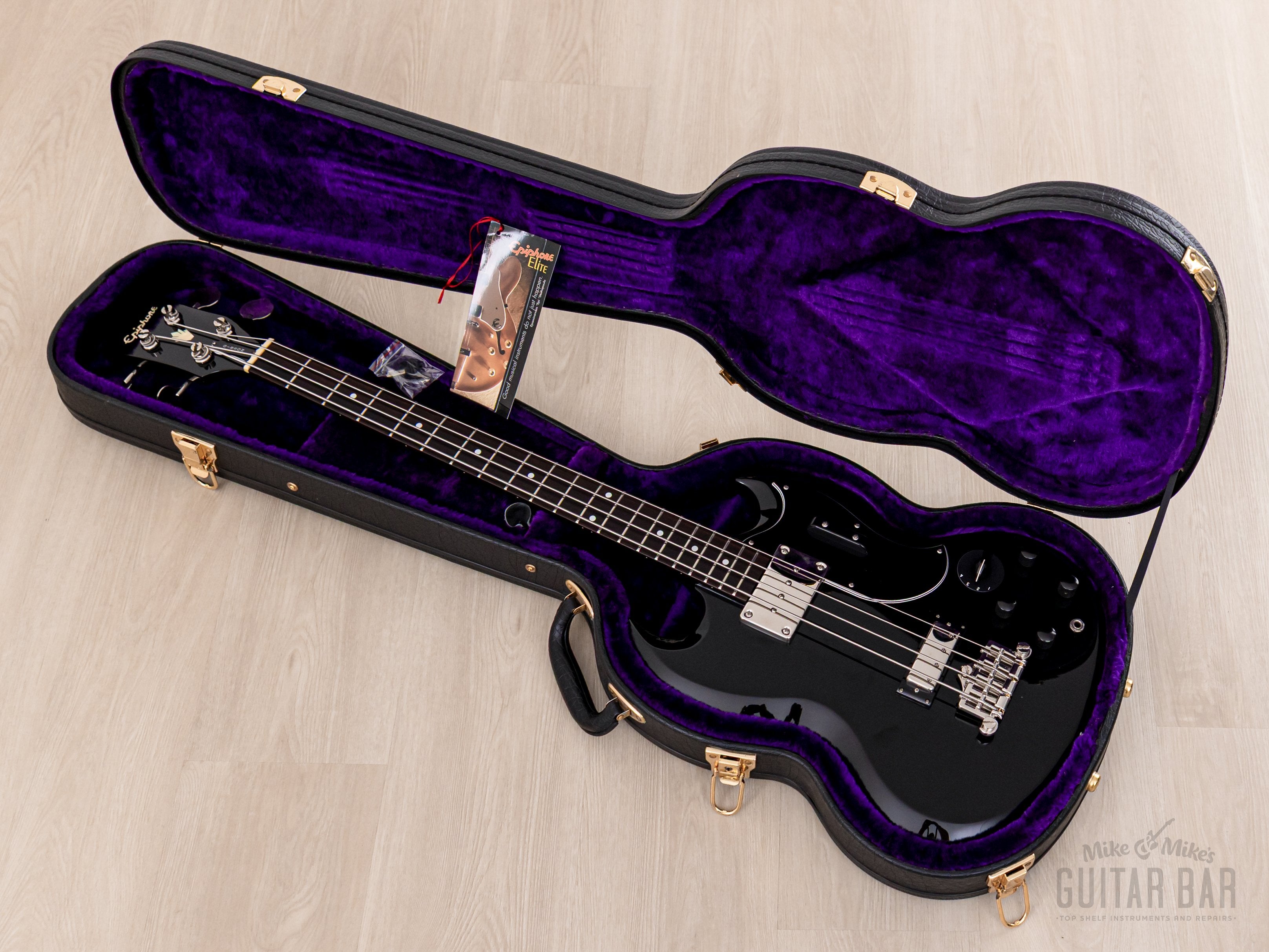 2002 Epiphone Elite EB-3 Short Scale Bass Ebony w/ Open Book Headstock, GIbson USA Pickups, Case & Hangtag, Japan