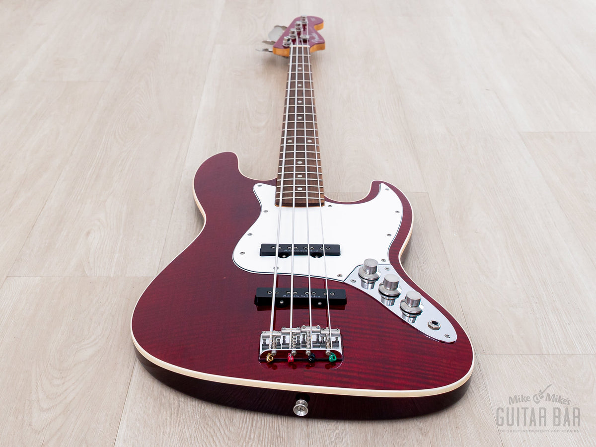 2008 Fender Aerodyne Jazz Bass AJB-110DMC Trans Red, front view from the strap-button end