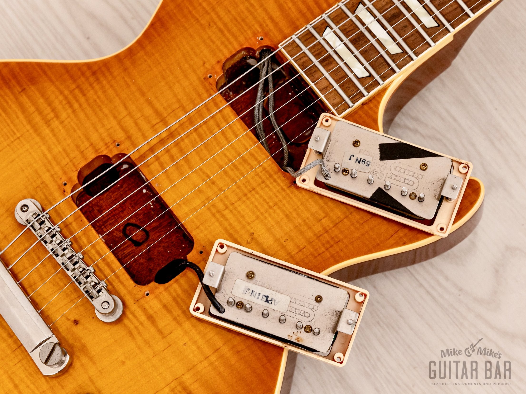 1990 Greco EG-1000D Flame Top Trans Amber w/ USA Seymour Duncan PAFs, Japan Fujigen