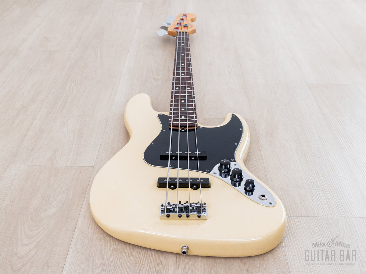 1997 Fender American Standard Jazz Bass Olympic White, front view from the strap-button end