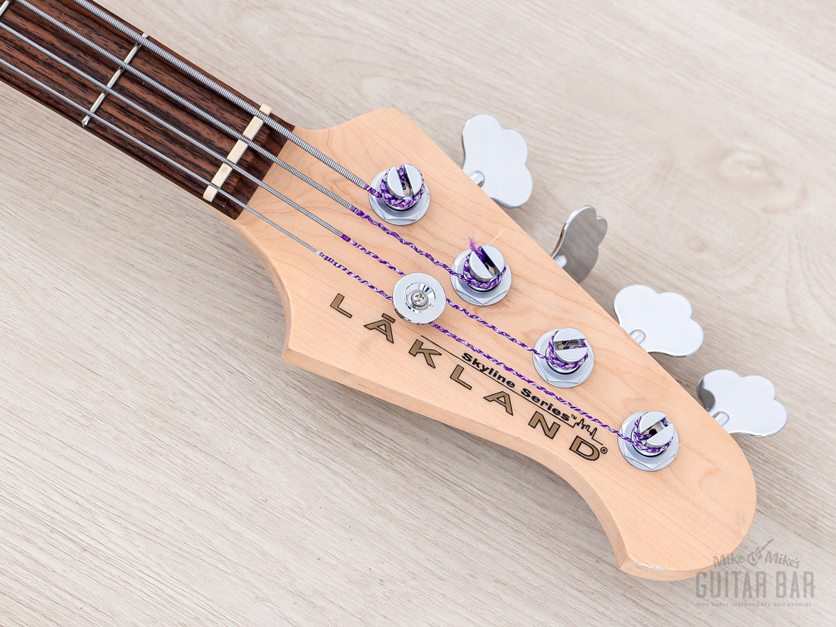 Lakland headstock front with Indian laurel fretboard