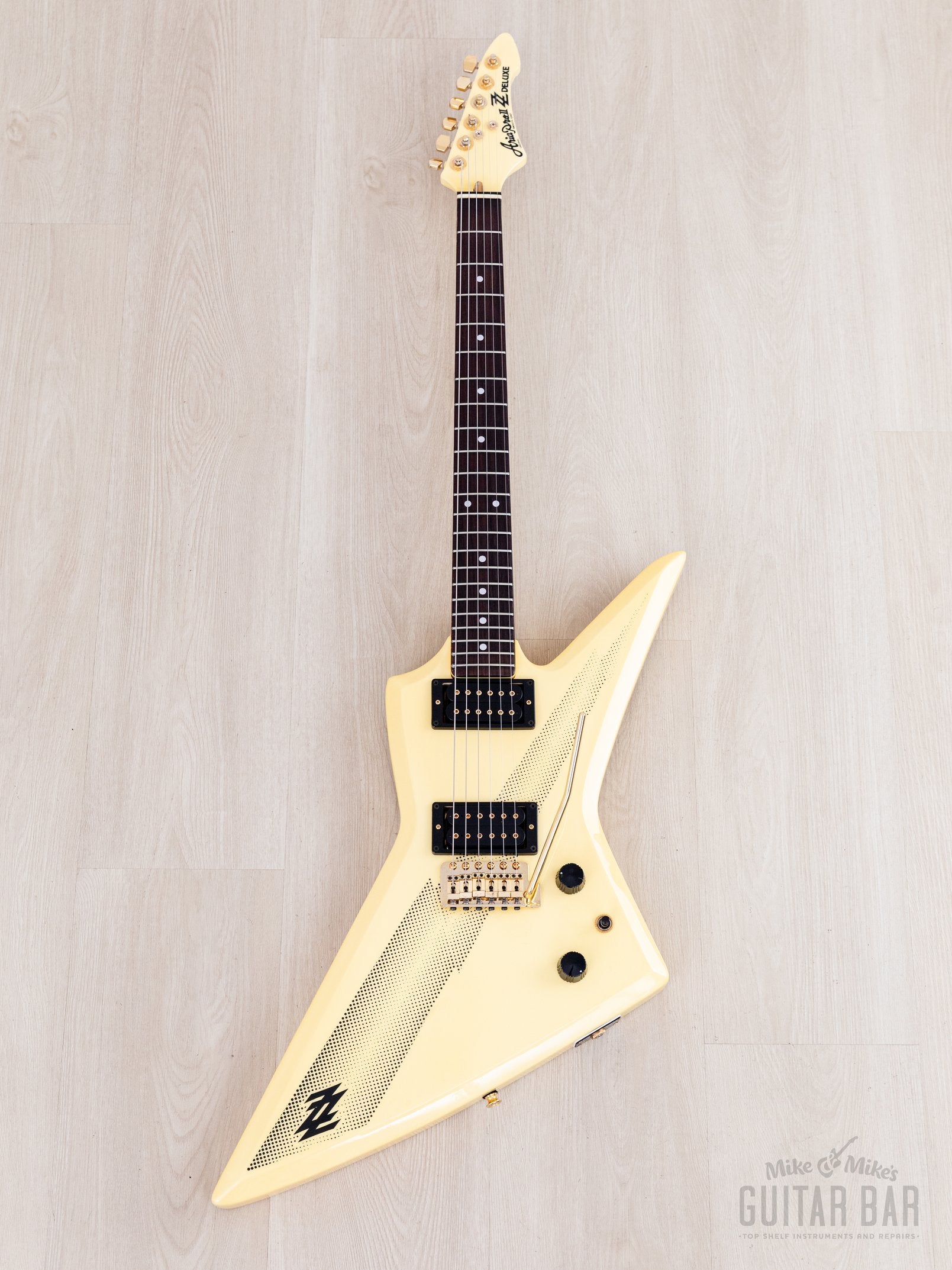 1983 Aria Pro II ZZ Deluxe Explorer White/Thunderbolt w/ Gold Hardware