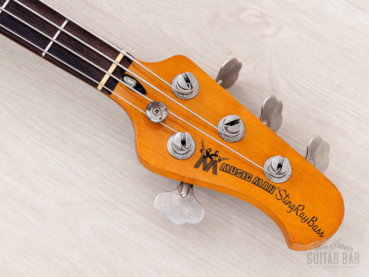 Music Man StingRay headstock front with clover tuners