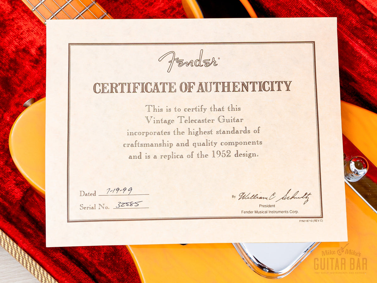 1999 Fender American Vintage 52 Telecaster Butterscotch, certificate of authenticity