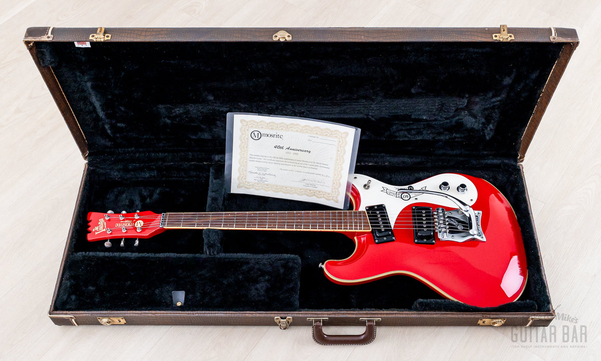 Mosrite 40th Anniversary in its open faux alligator hardshell case