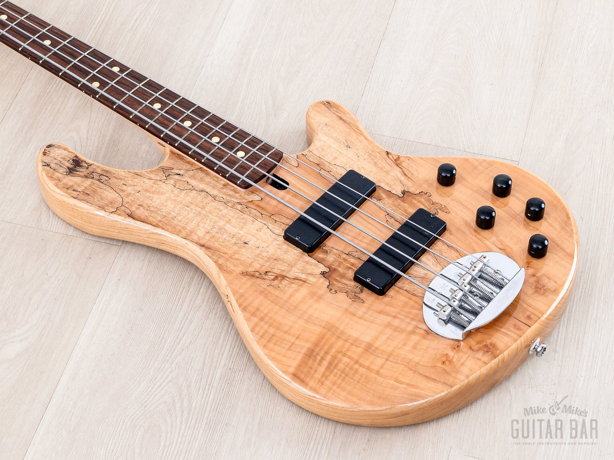 Angled view of spalted maple body and neck