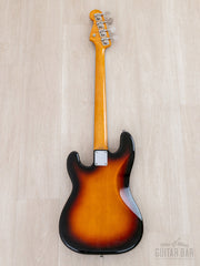 Full back of Sunburst Precision Bass, ambered maple neck