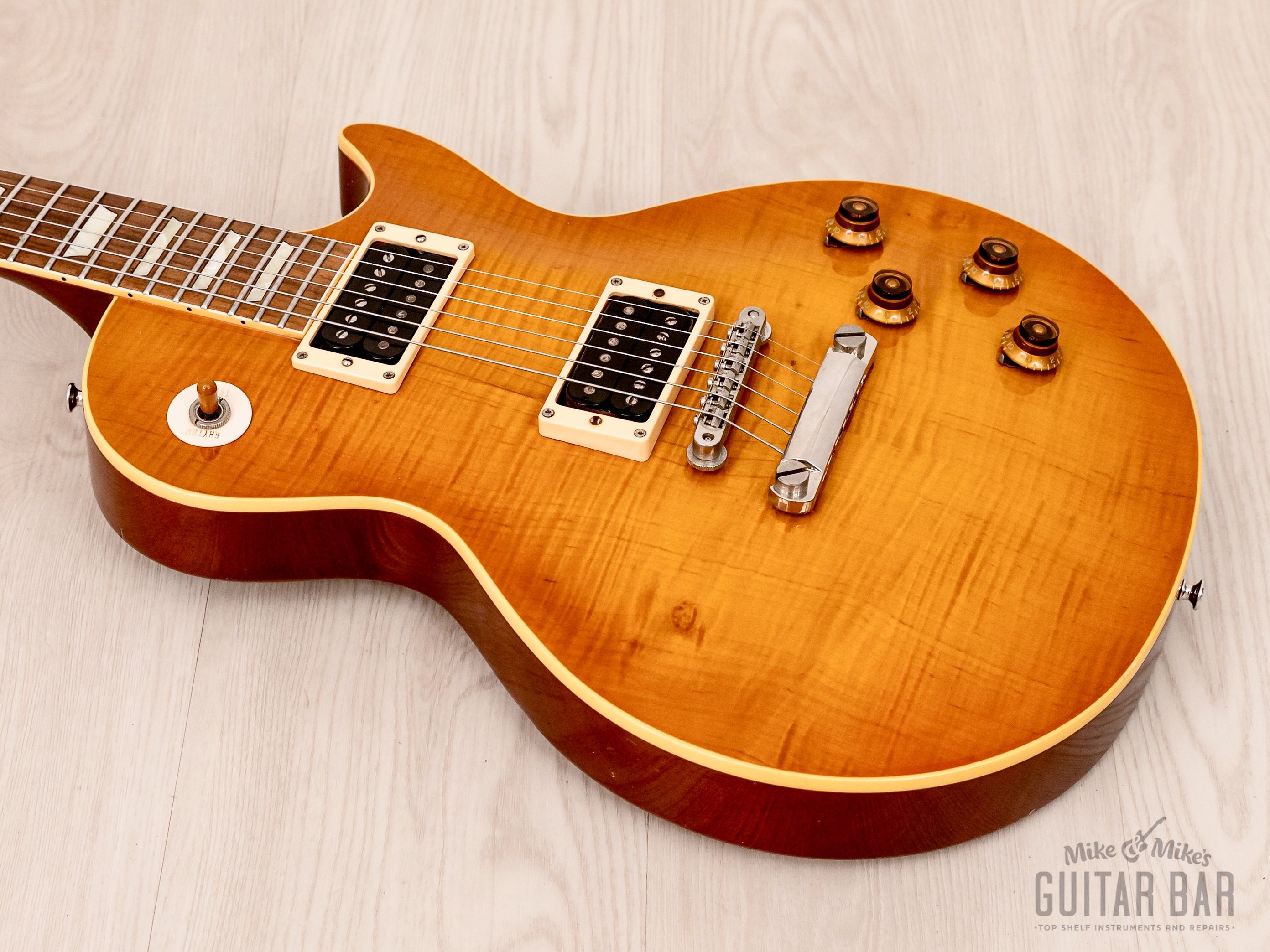 1990 Greco EG-1000D Flame Top Trans Amber w/ USA Seymour Duncan PAFs, Japan Fujigen