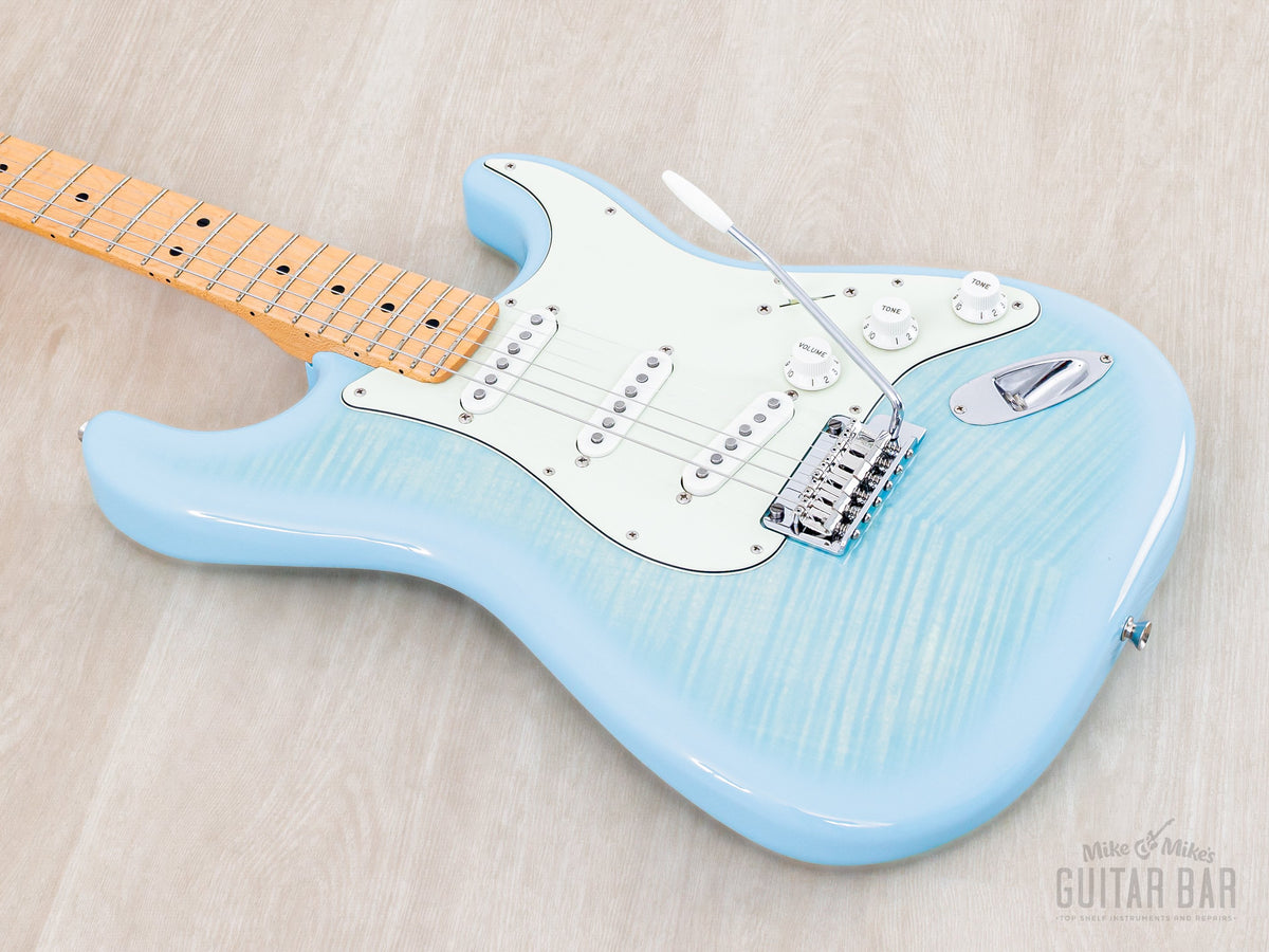 2024 Fender Hybrid II Stratocaster Flame Celeste Blue, body angled view, bass side