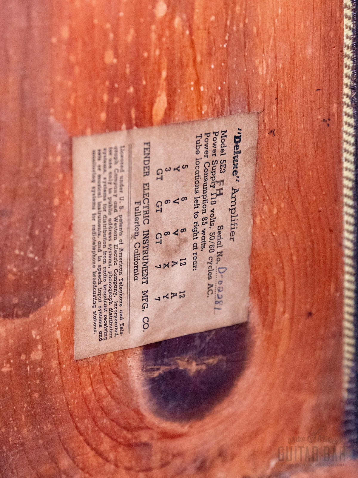 Fender Deluxe 5E3 tweed tube chart label