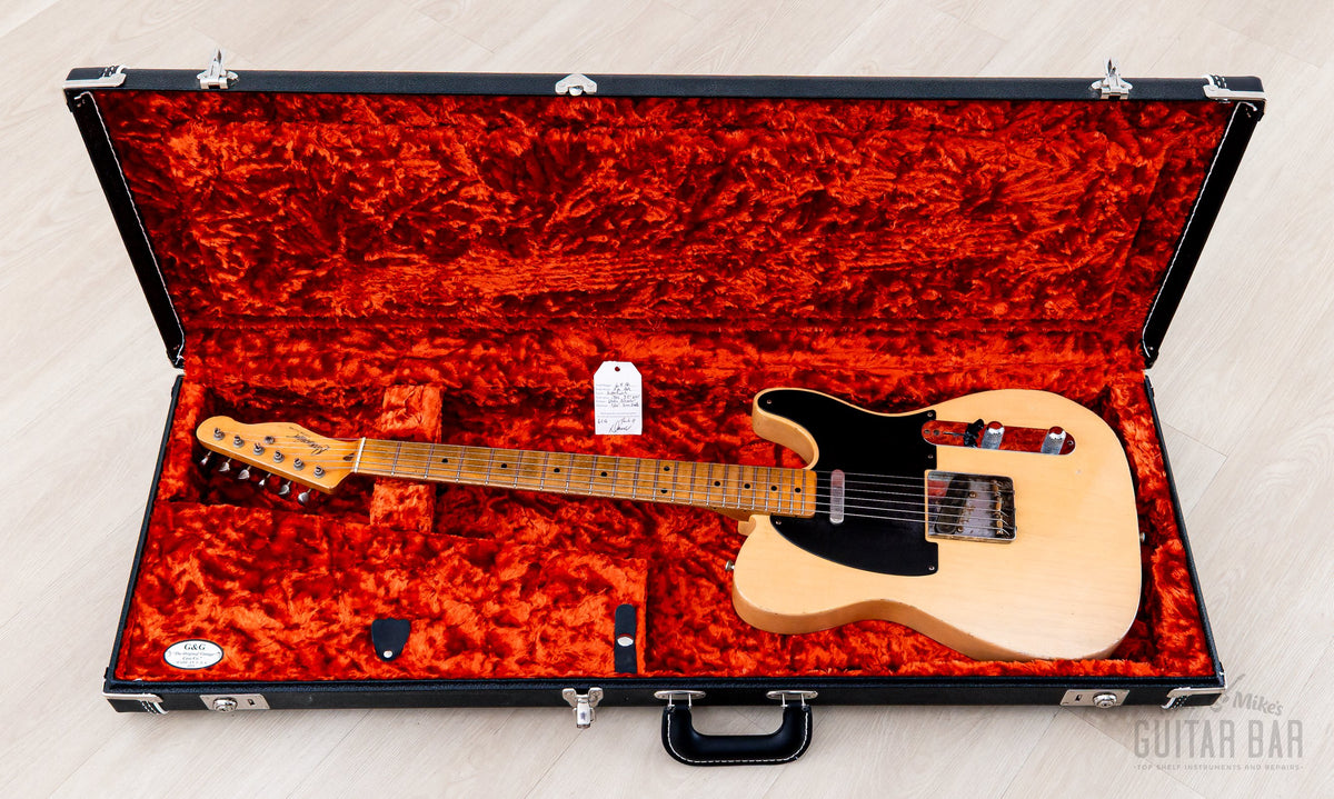 2016 Danocaster Single Cut Blackguard Butterscotch, guitar in open case with orange lining