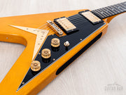 Greco FV-900 body with black pickguard and humbuckers, angled view