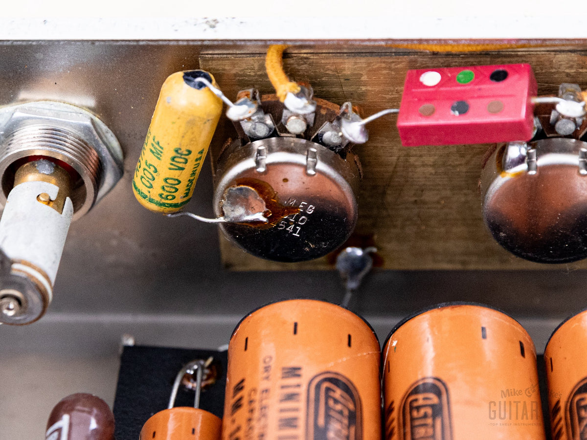 Fender Deluxe 5E3 tweed capacitors close-up