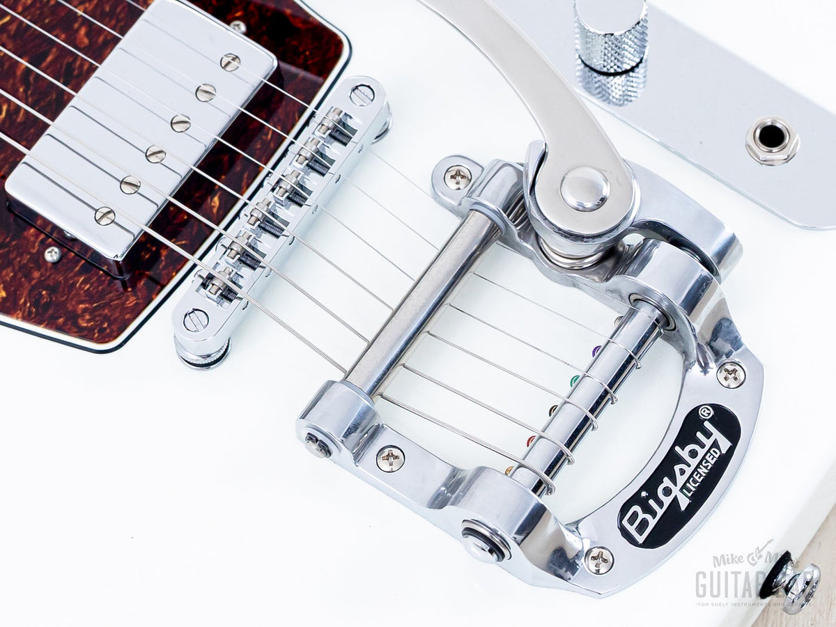 2016 Elk Cutlass CT Limited Edition White, Bigsby B50 vibrato and roller bridge close-up