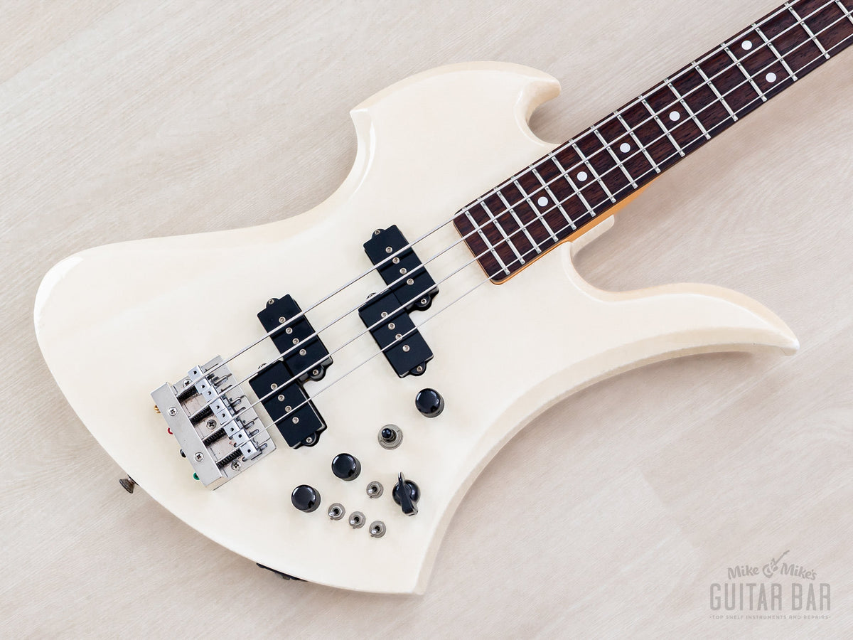 1987 B.C. Rich NJ Mockingbird bass in white, angled front view