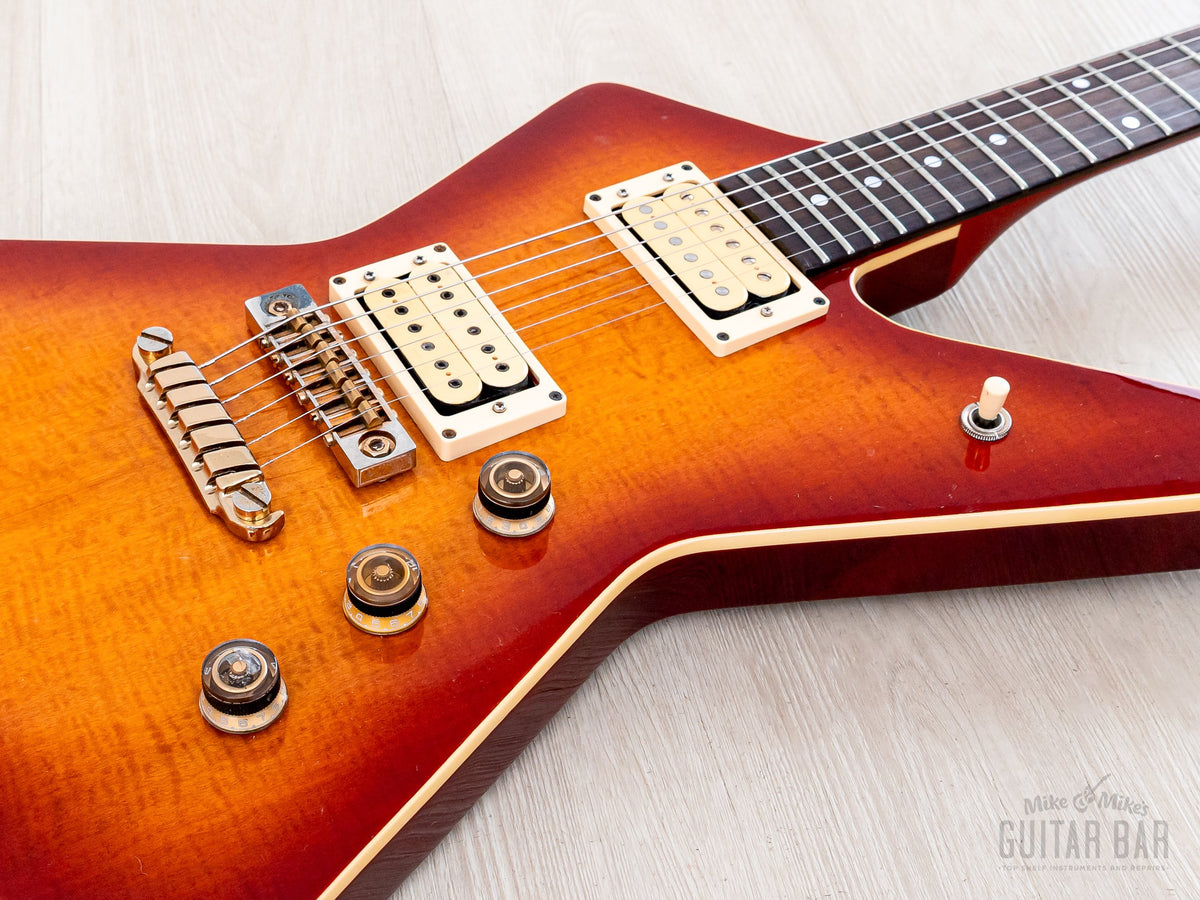 Ibanez DT400 flame maple top with gold humbuckers, angled view