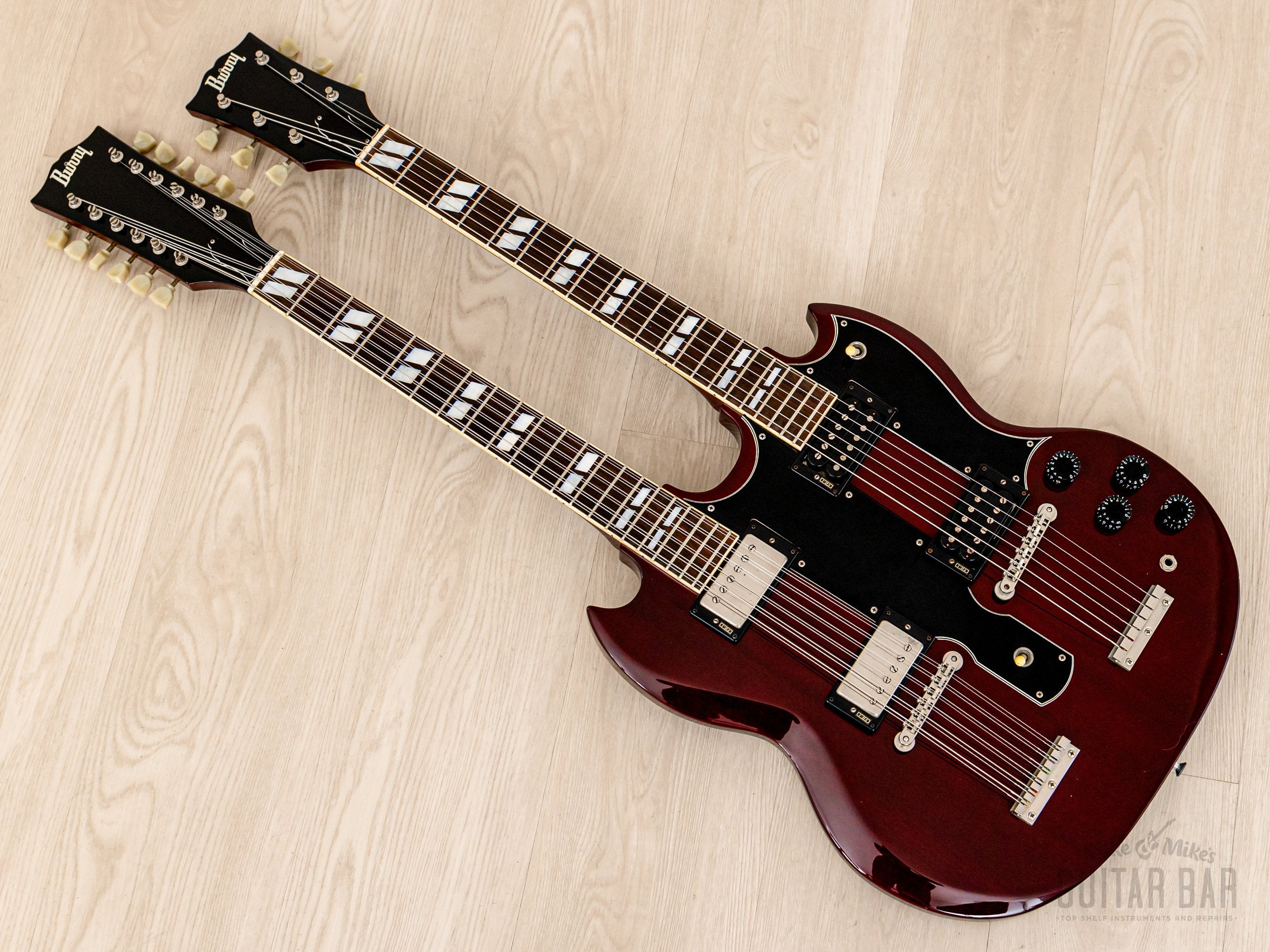 1990s Burny RSG-140 Vintage Double Neck SG, 6 & 12 String Guitar Cherry w/ Case & Tags, Japan