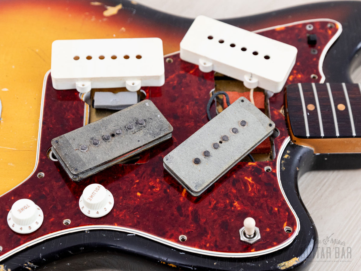 1965 Jazzmaster with pickups exposed, pickguard lifted