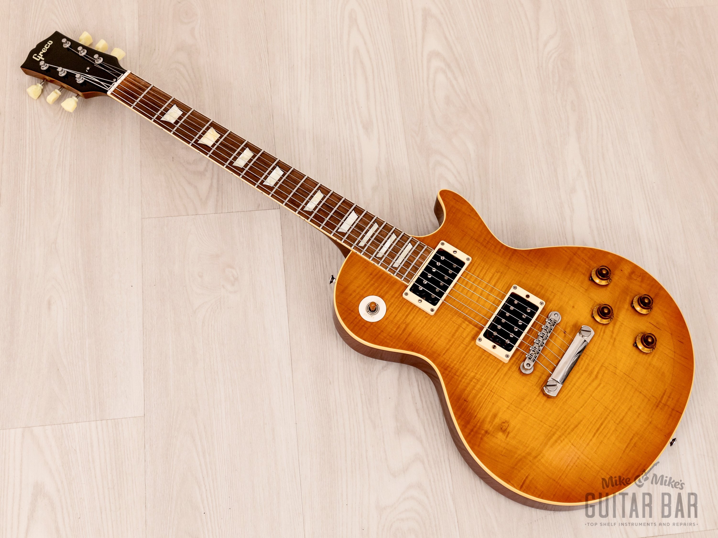 1990 Greco EG-1000D Flame Top Trans Amber w/ USA Seymour Duncan PAFs, Japan Fujigen