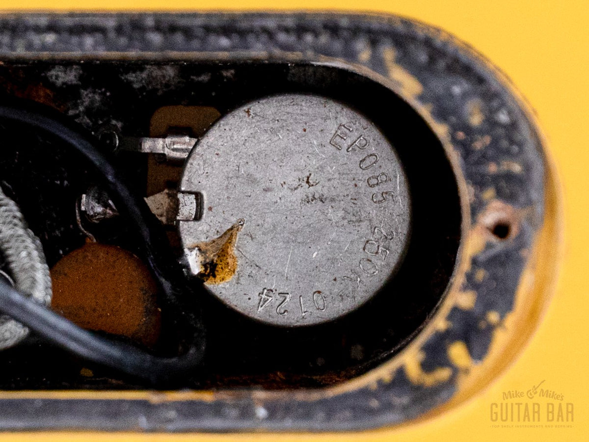 1994 Orville Les Paul Junior DC control cavity close-up, pots and wiring