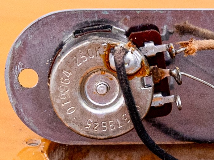 1996 Fender AV '52 Telecaster control cavity, pots and wiring