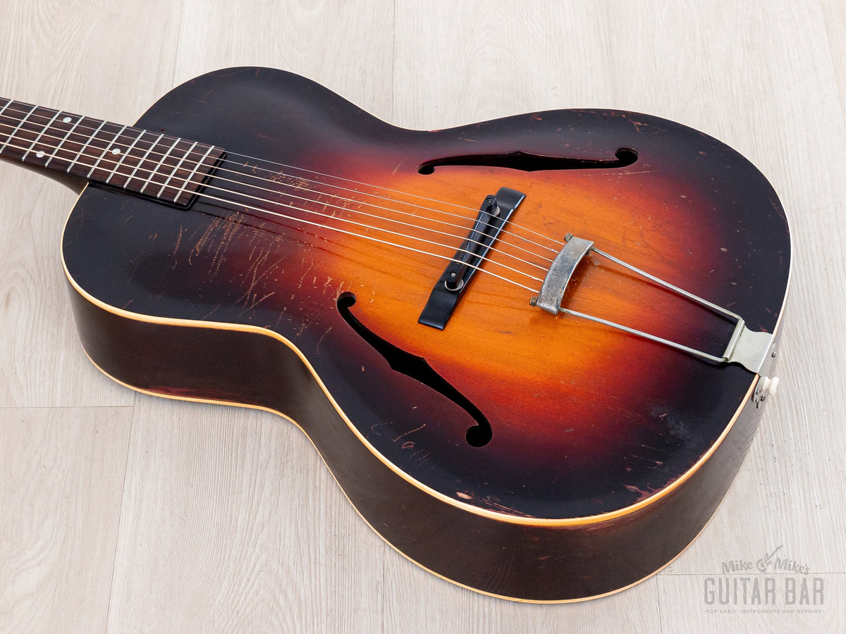 1937 Gibson L-37 three-tone Sunburst top, angled view