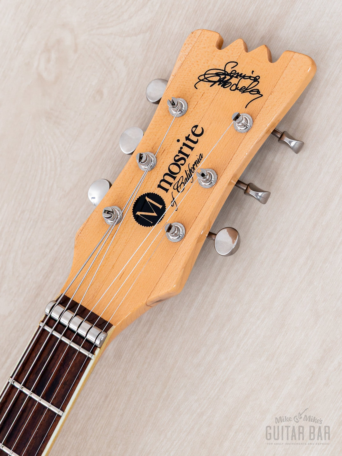 Mosrite '65 PW #60 headstock front with printed Semie Moseley signature