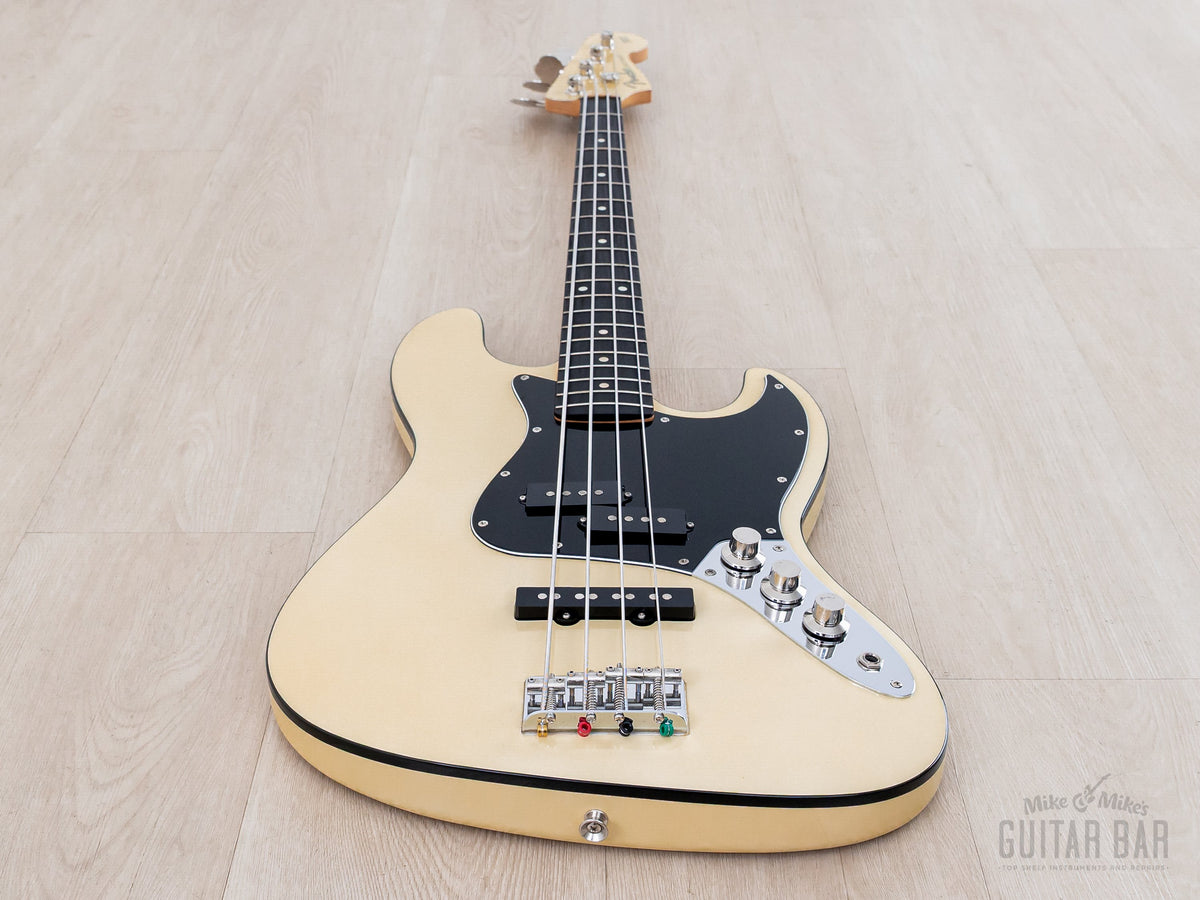 2011 Fender Aerodyne Jazz Bass PJ Vintage White, front view from the strap-button end