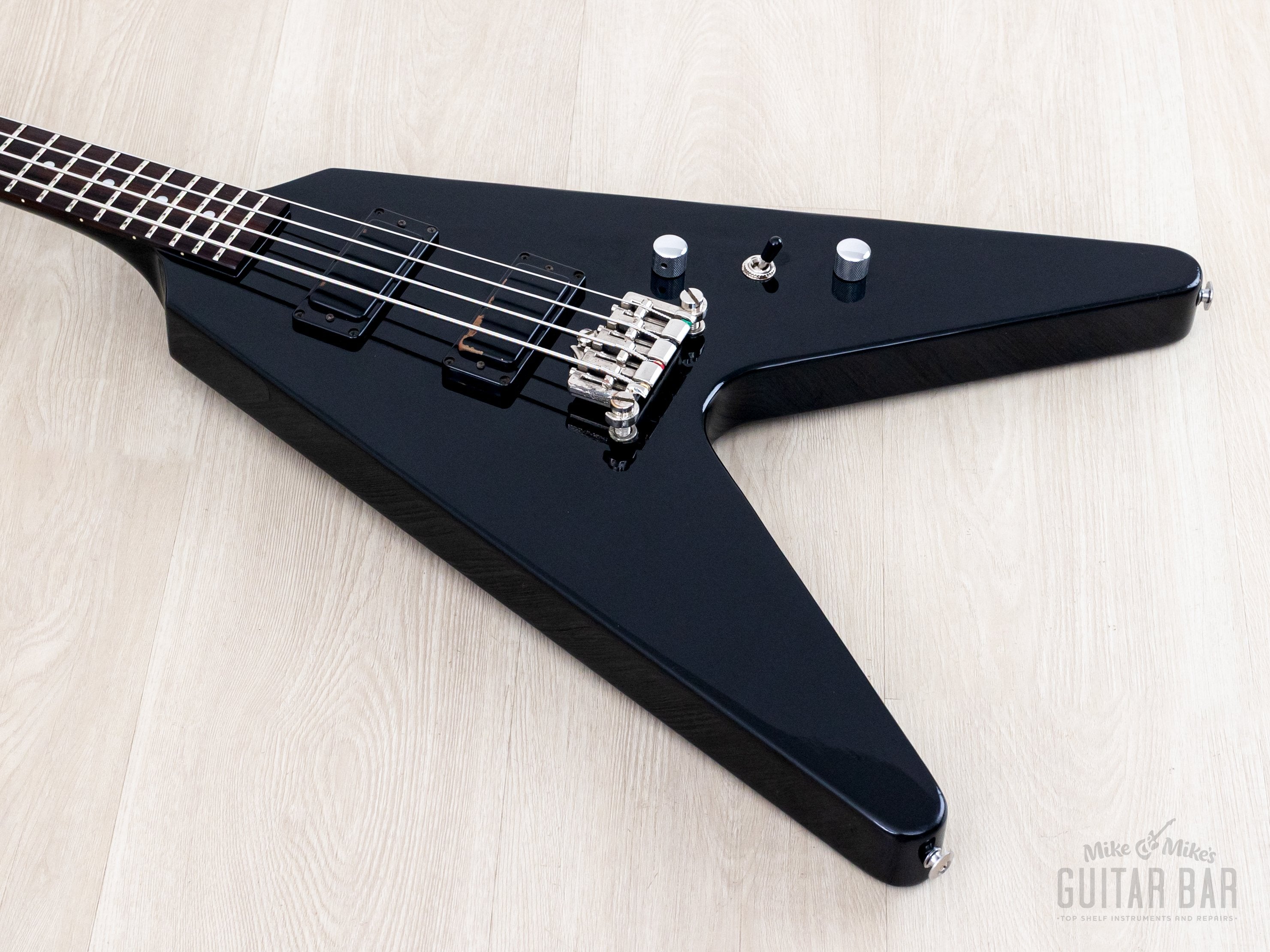 2002 Greco GVB-90 Flying V Bass Neck Through Real Black w/ Mini Humbuc