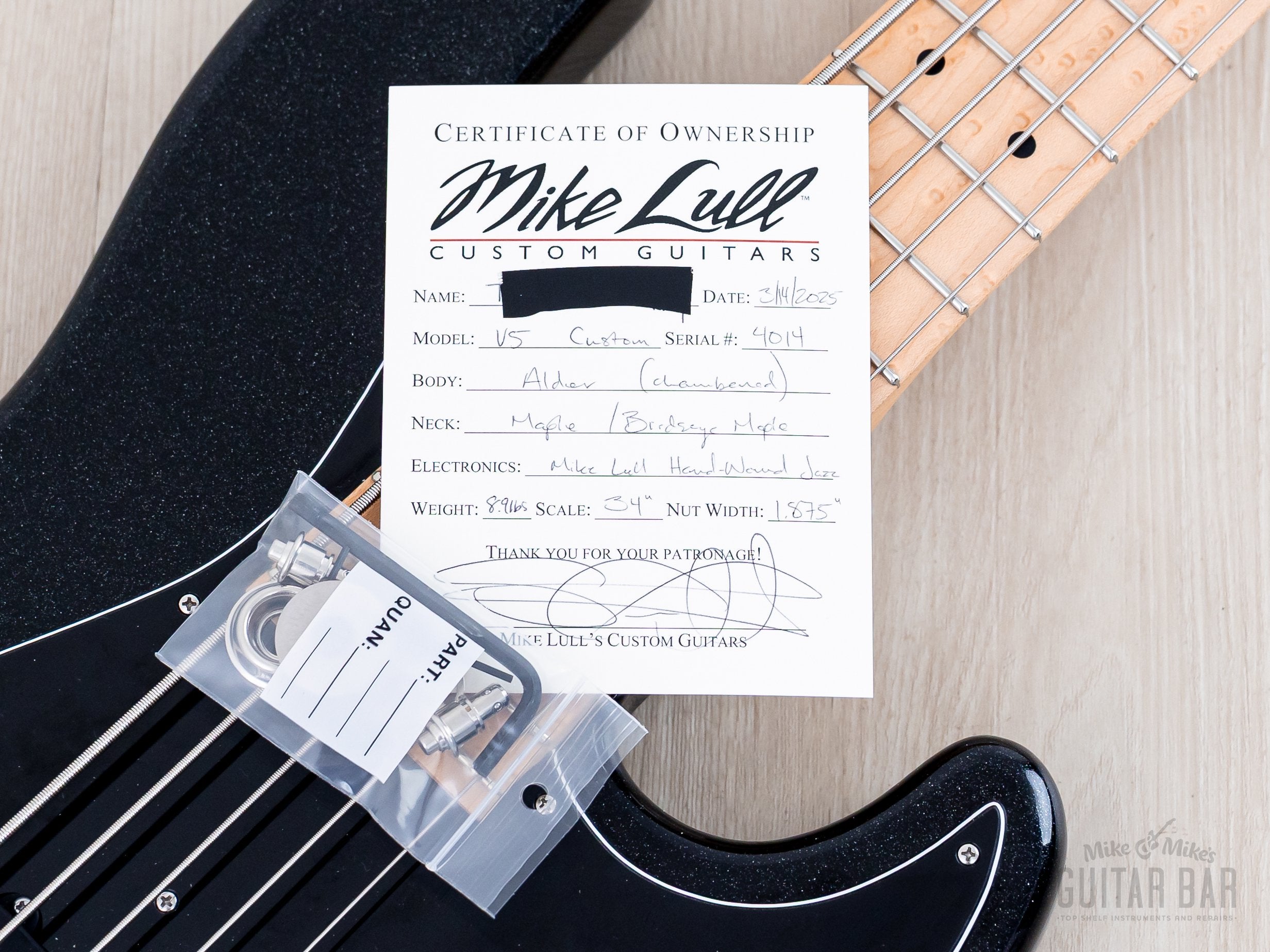 2024 Mike Lull Custom Guitars V5 5-String Jazz Bass Black Pearl w/ Han