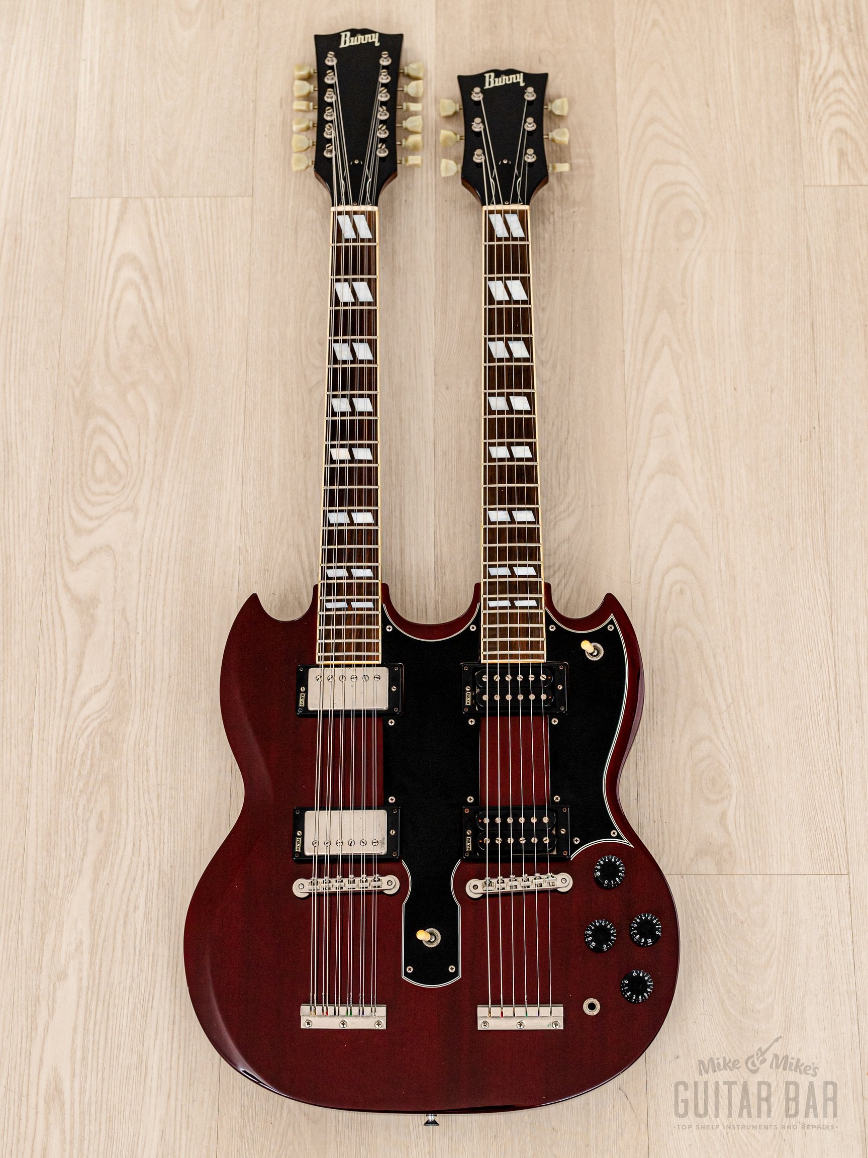 1990s Burny RSG-140 Vintage Double Neck SG, 6 & 12 String Guitar Cherry w/ Case & Tags, Japan