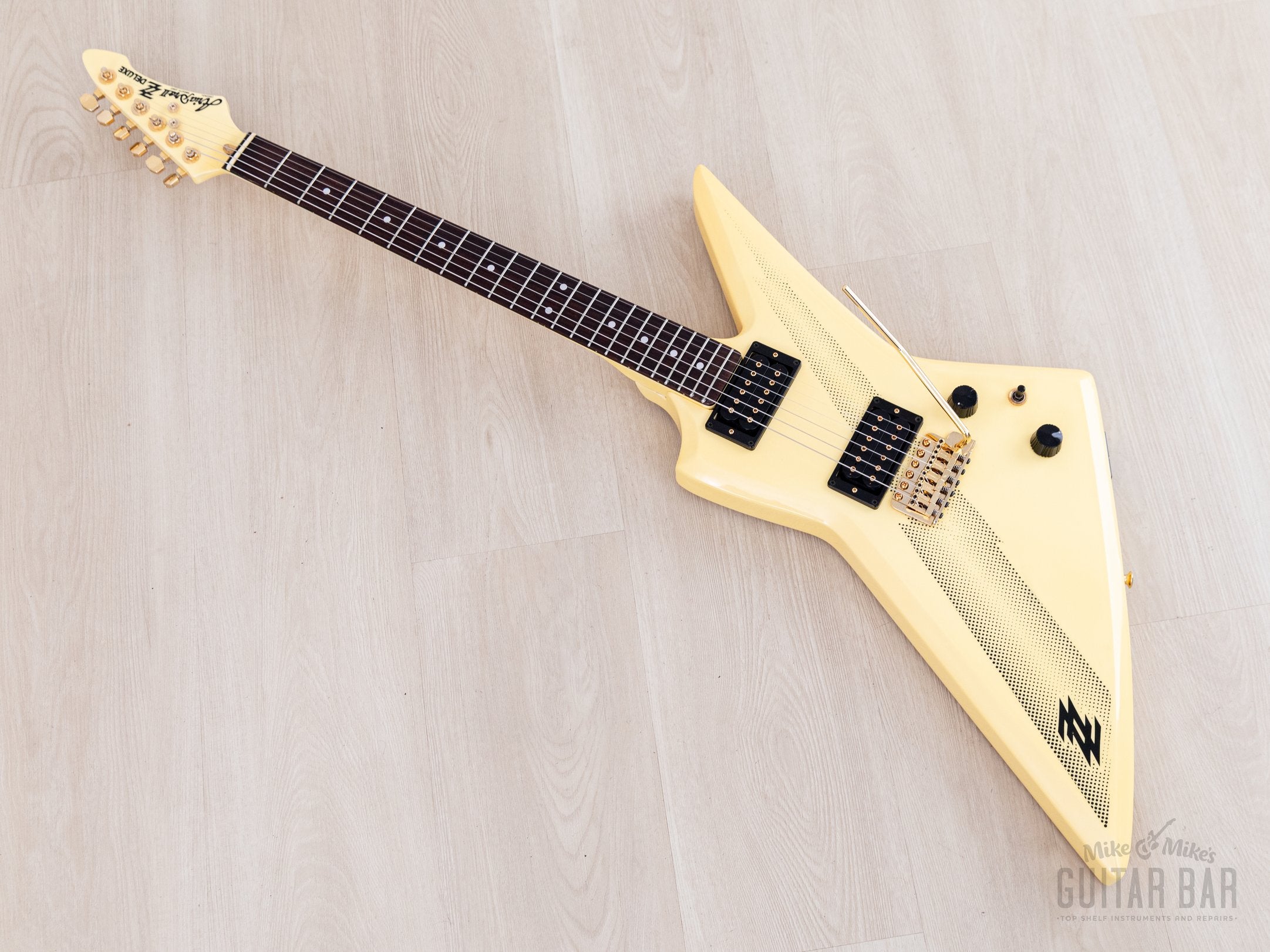 1983 Aria Pro II ZZ Deluxe Explorer White/Thunderbolt w/ Gold Hardware
