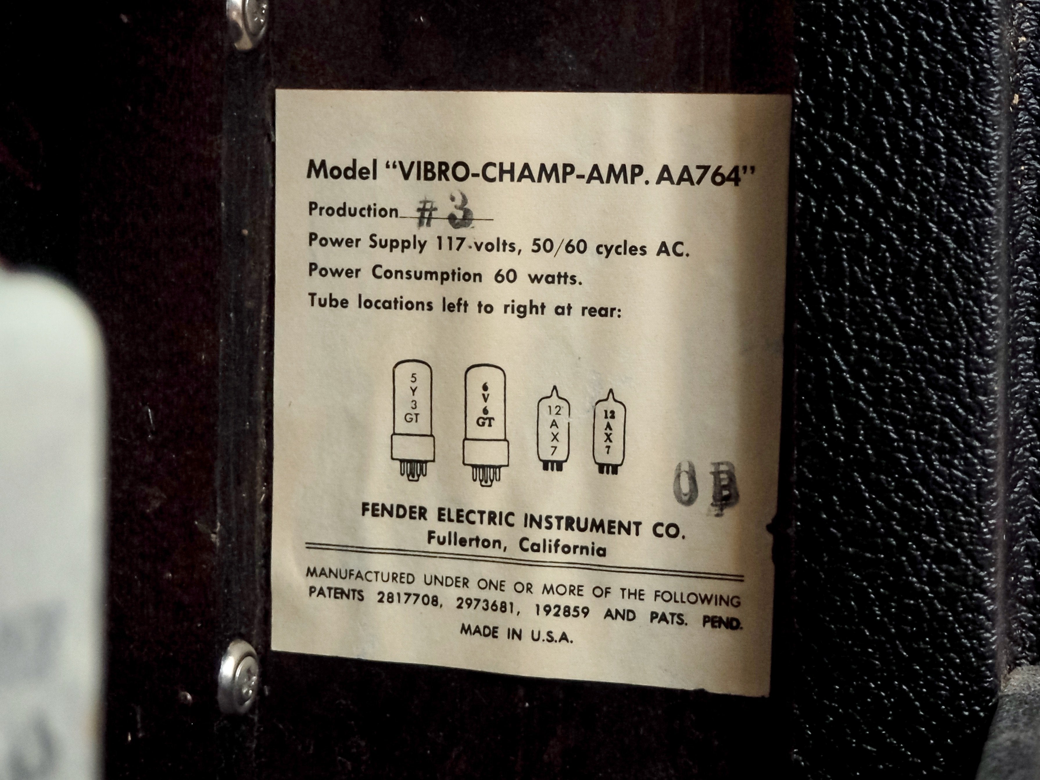 1965 Fender Vibro Champ Pre-CBS Vintage Black Panel Tube Amp w/ Shipping Box, Hangtag