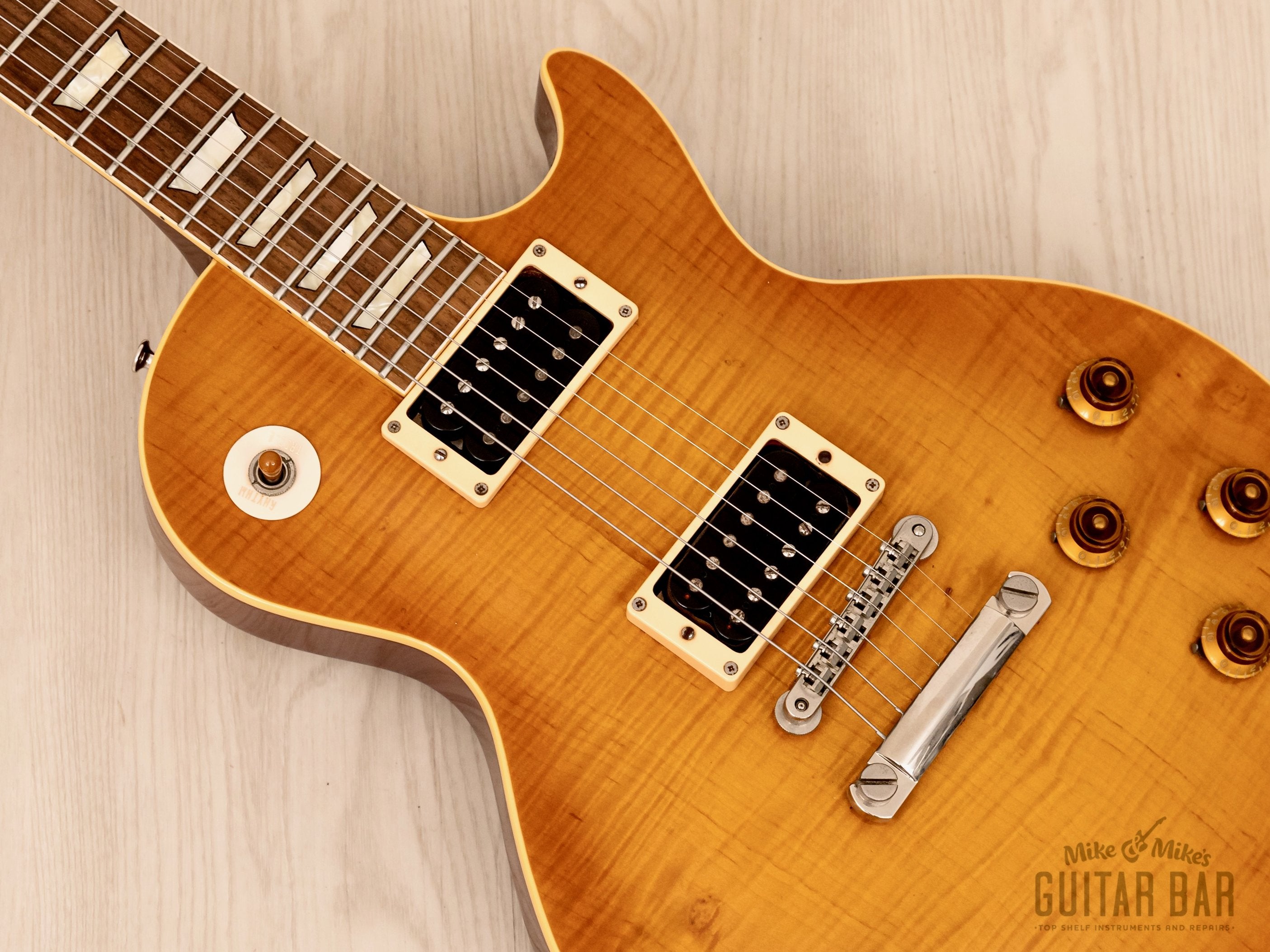 1990 Greco EG-1000D Flame Top Trans Amber w/ USA Seymour Duncan PAFs, Japan Fujigen