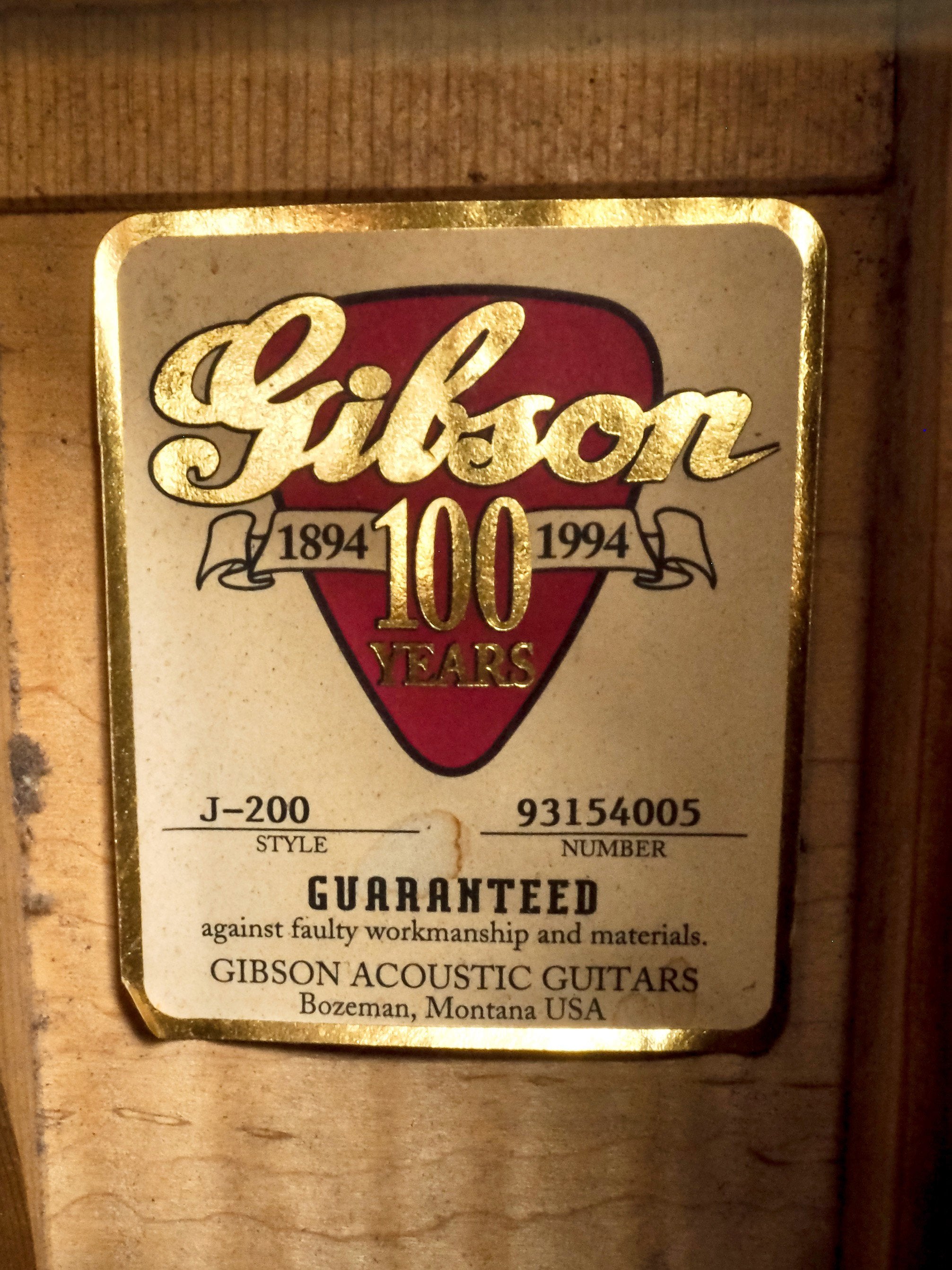 1994 Gibson J-200 Limited Edition 100th Anniversary Jumbo Guitar Antique Natural w/ Case